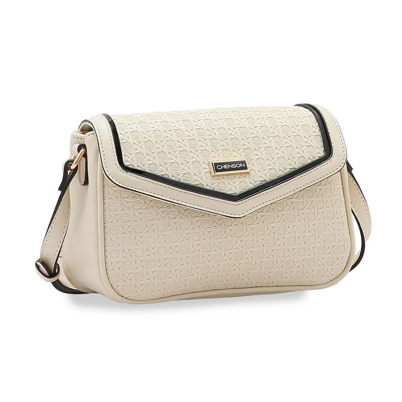 Bolsa transversal feminina Chenson na cor bege com textura trançada na parte frontal e alça ajustável